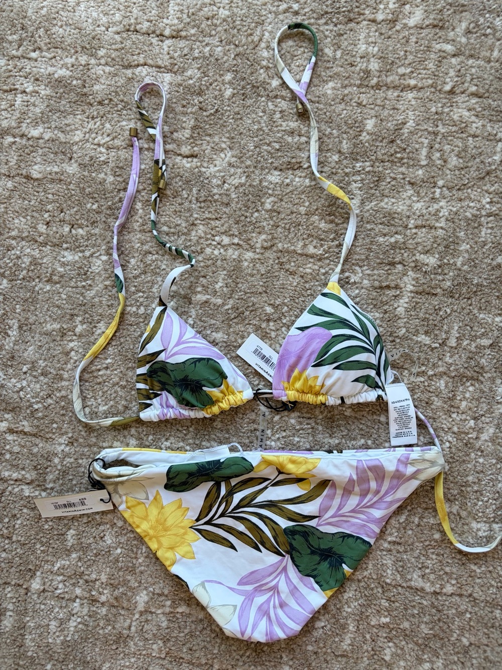 Vitamin Sea Floral Triangle Bikini Swimsuit - White, Yellow & Green
